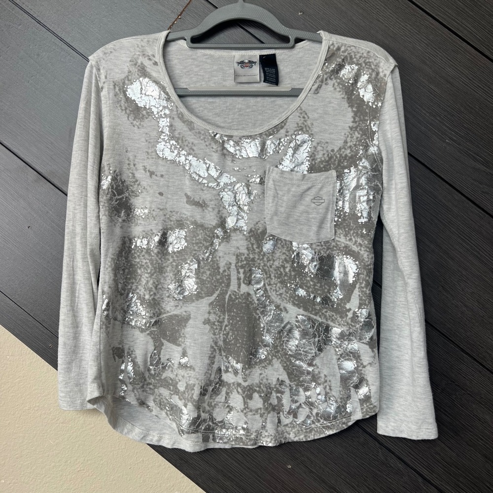 Harley-Davidson Womens Metallic Skull Long Sleeve Tee Small Gray Biker Y2K
